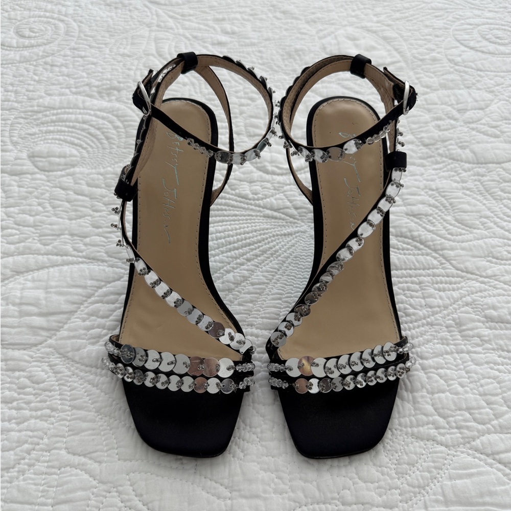 Betsey Johnson Silver Sequin Black Satin Asher Heel Sandals
